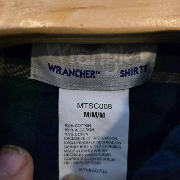 Wrangler Wrancher Pearl Snap Flannel Shirt Size M Green Blue‎ Plaid Long Sleeve - Picture 5 of 5